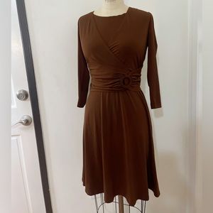 MISS DORBY BROWN WRAP NECKLINE KNIT STRETCH DRESS